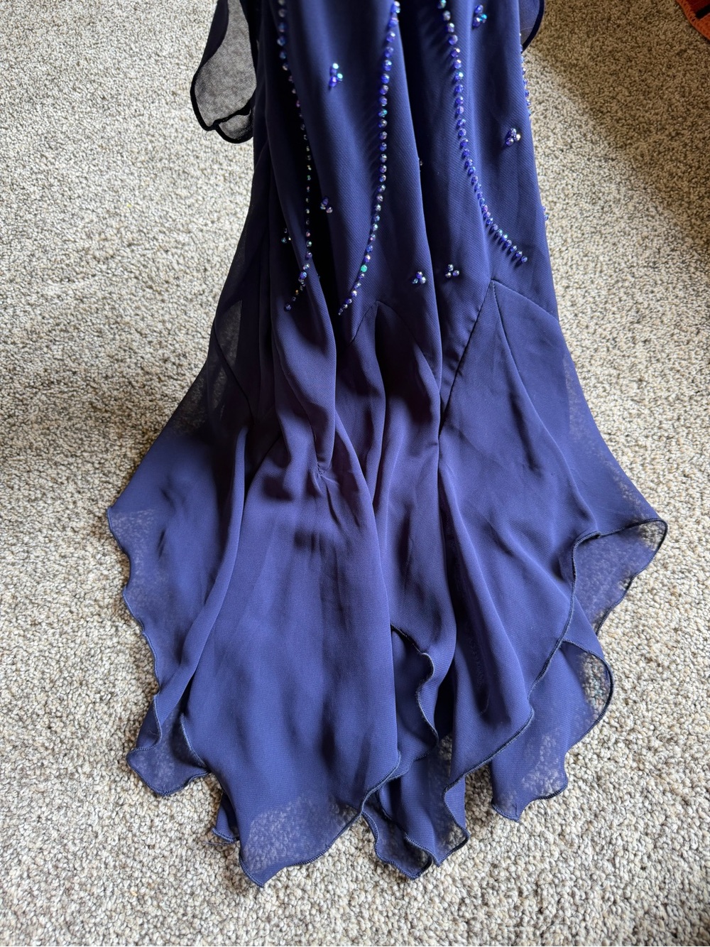 VTG Whimsigoth Navy Asymmetrical Beaded Handkerchief Hem Dress Sz 16 Fairy Y2K - Picture 7 of 9